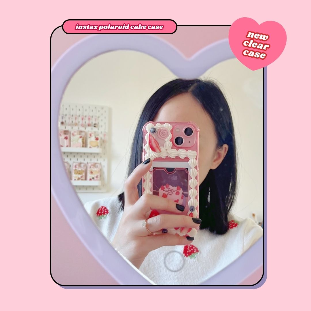 pink instax polaroid photo slot birthday cake decoden phone case with strawberries and blueberries
