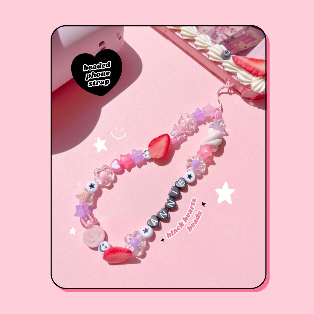black hearts & flower Y2K custom name friendship beaded phone strap with strawberries & marshmallow