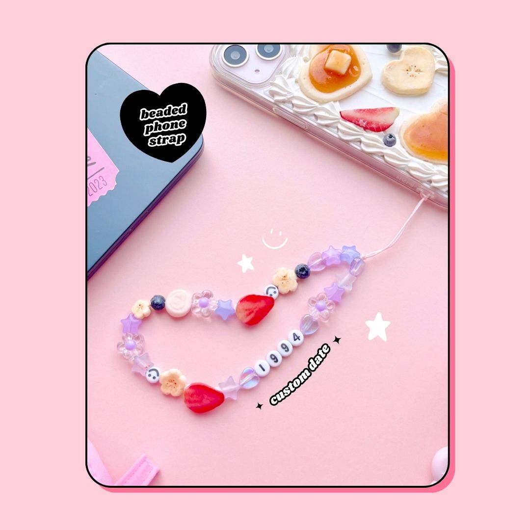 blueberry lavender Y2K custom date year friendship beaded phone strap with strawberries & blueberries