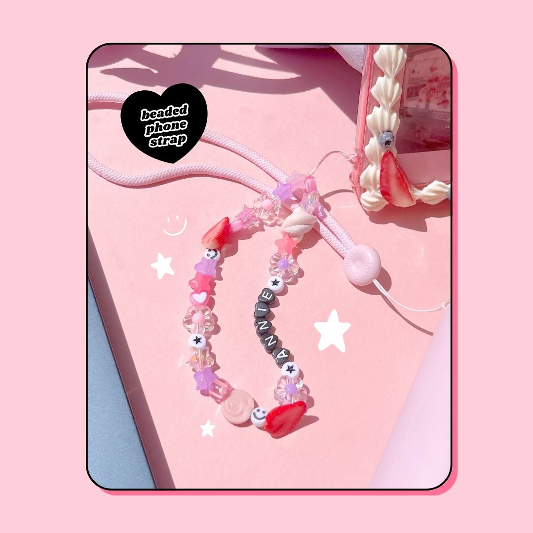 black hearts & flower Y2K custom name friendship beaded phone strap with strawberries & marshmallow