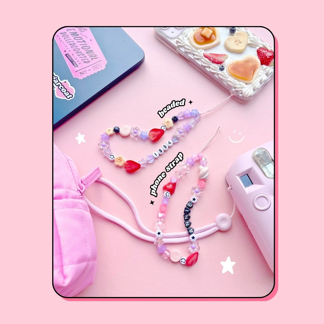 blueberry lavender Y2K custom date year friendship beaded phone strap with strawberries & blueberries