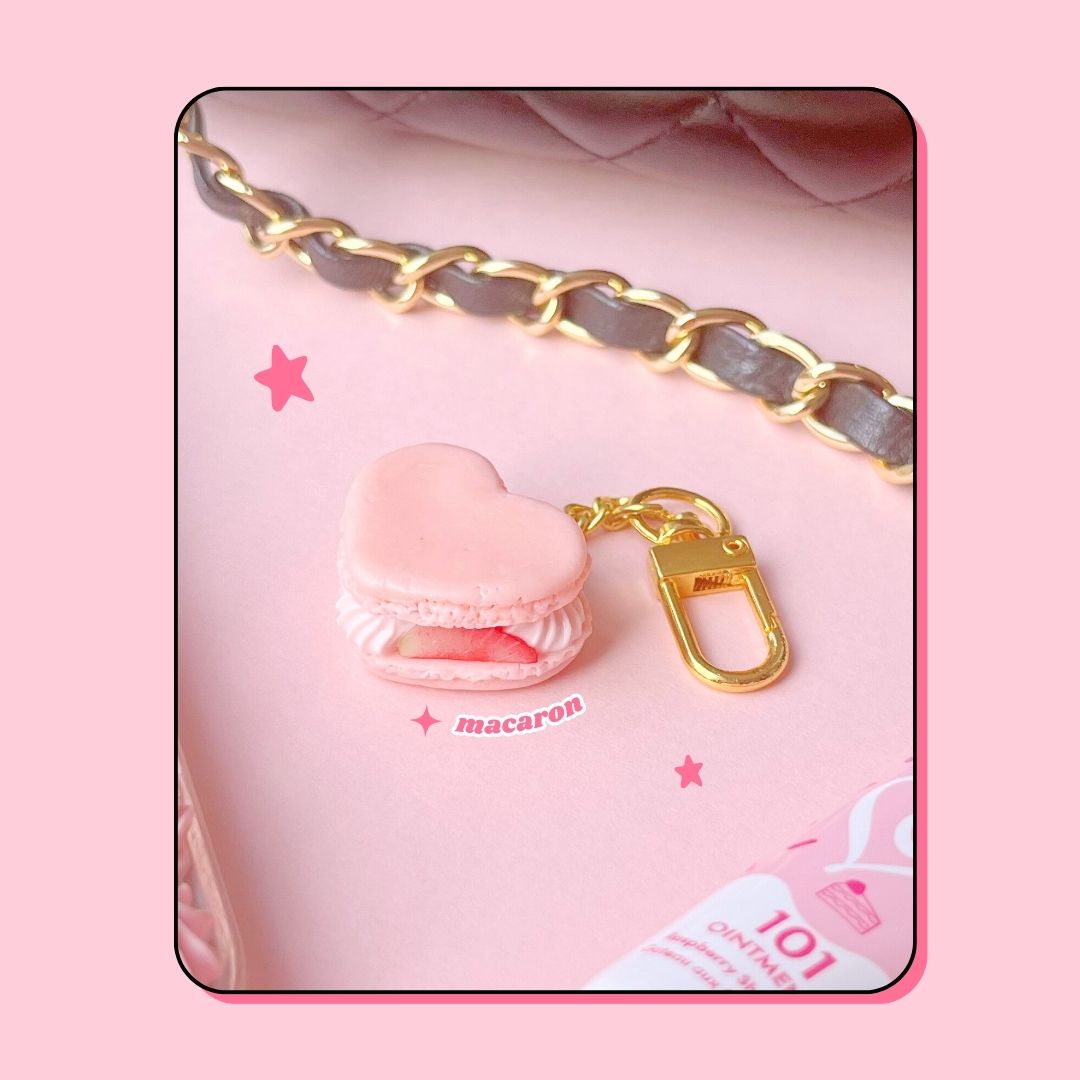 heart shaped pink strawberry macaron with whipped cream keyring handbag charm