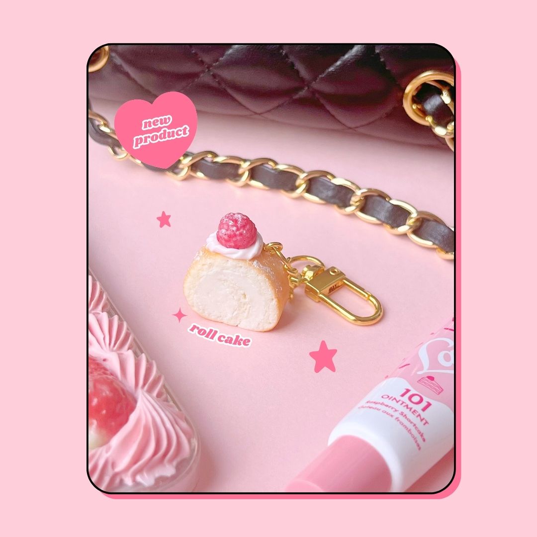 raspberry pink whipped cream Swiss roll cake handbag charm keyring