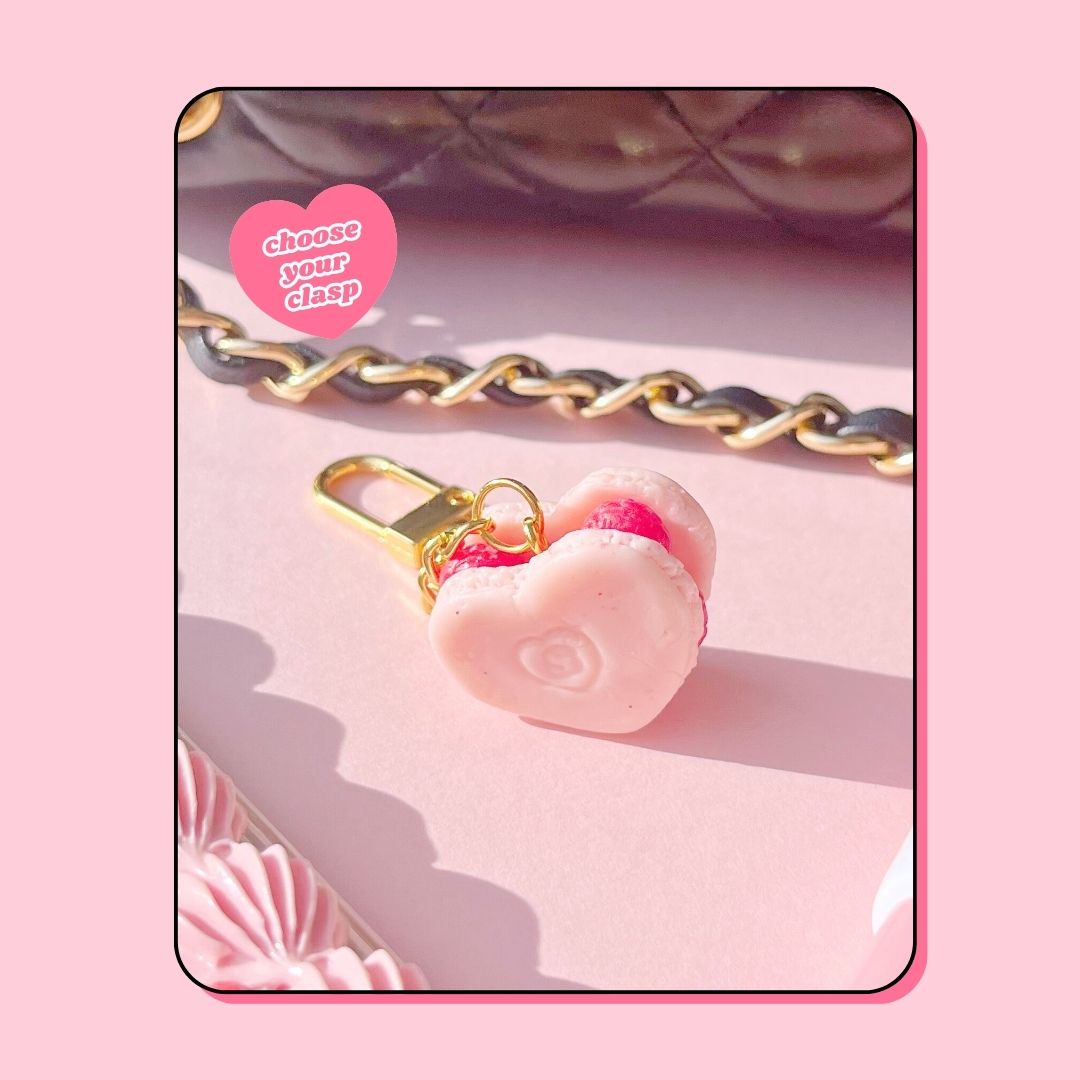 heart shaped pink raspberry macaron keyring handbag charm
