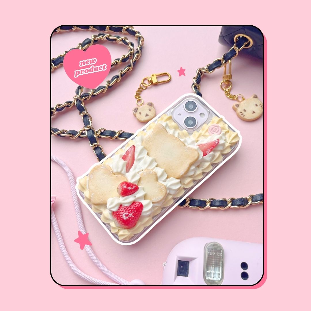 cat & hearts butter cookie decoden phone case with custard cream border