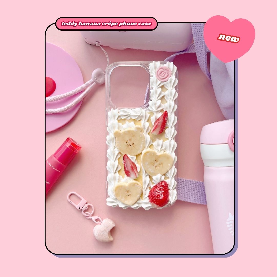 teddy banana crêpe pancake phone case with heart shaped bananas & strawberries