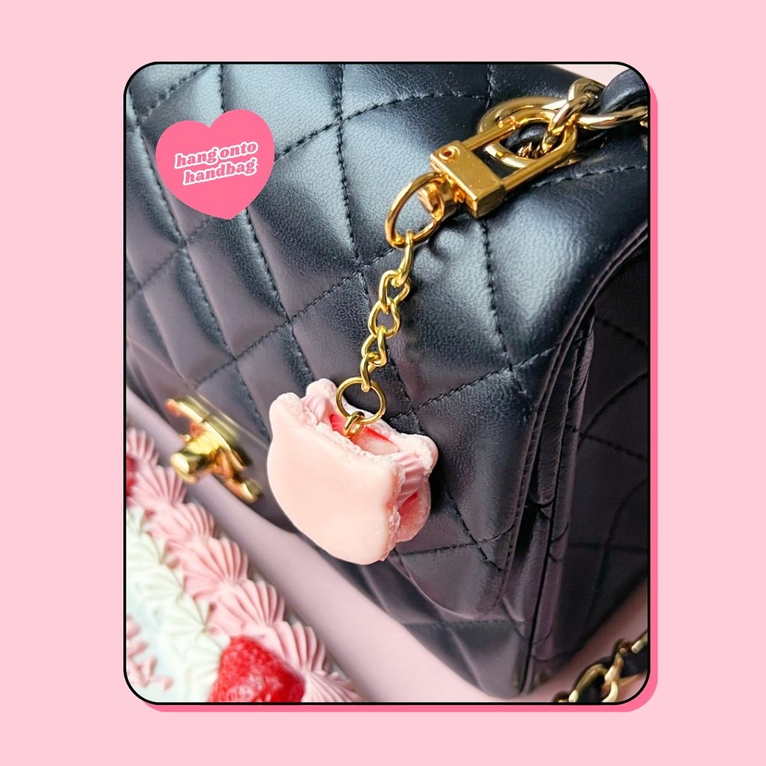 cat shaped pink strawberry macaron with whipped cream keyring handbag charm