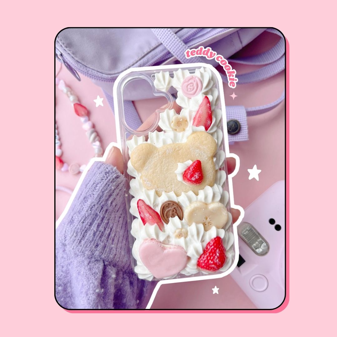 teddy bear cookie decoden phone case with heart shaped macaron and custom letter chocolate