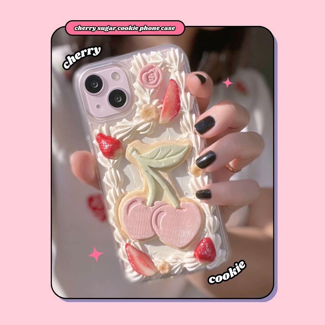 heart cherry shaped sugar cookie decoden phone case with strawberries