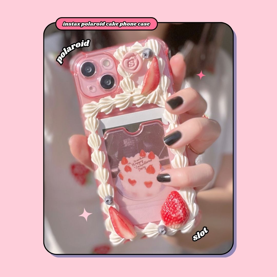 pink instax polaroid photo slot birthday cake decoden phone case with strawberries and blueberries