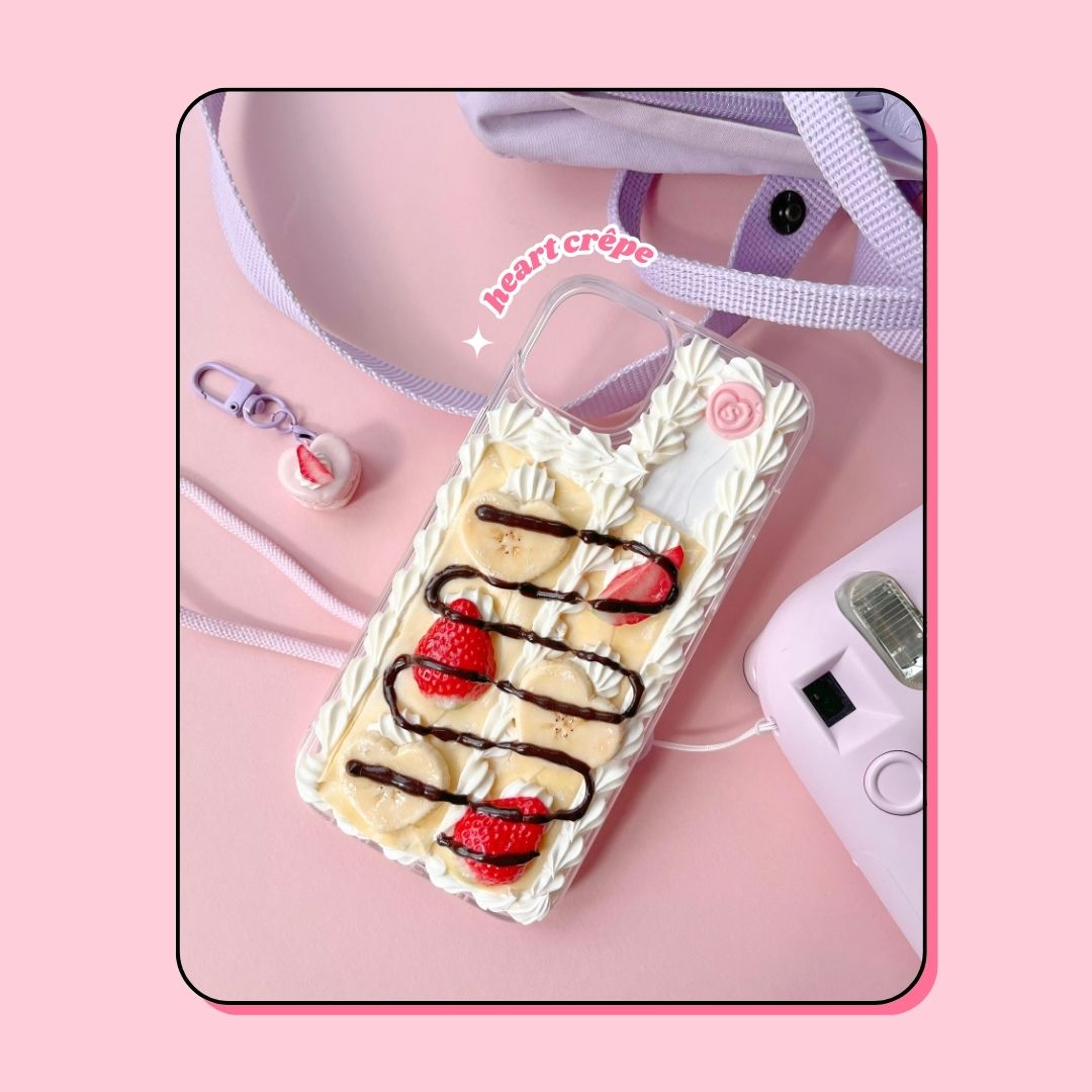crêpe pancake phone case with heart shaped bananas, strawberries and chocolate drizzle