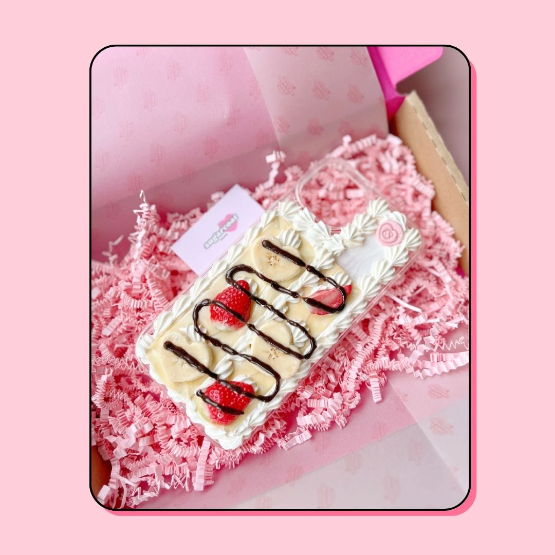 crêpe pancake phone case with heart shaped bananas, strawberries and chocolate drizzle