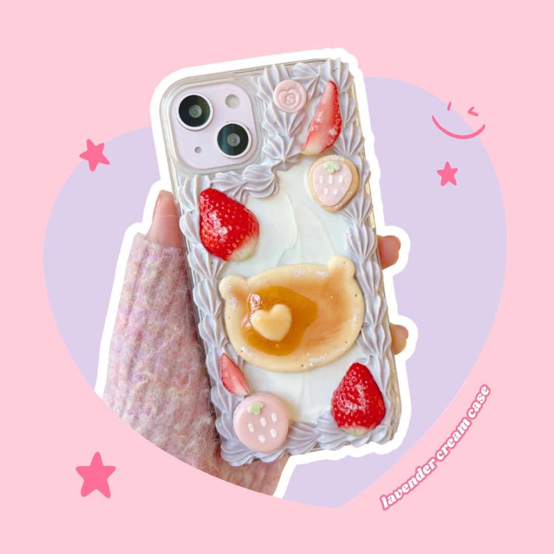 dreamy lavender cream teddy bear pancake + strawberry cookie + macaron decoden phone case