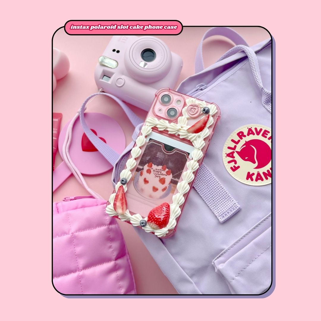 pink instax polaroid photo slot birthday cake decoden phone case with strawberries and blueberries