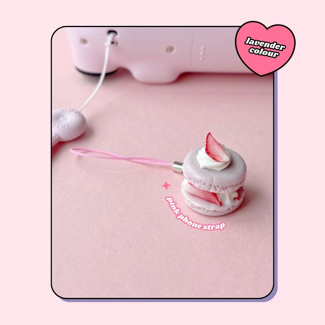pink strawberry and whipped cream macaron keyring with lobster clasp