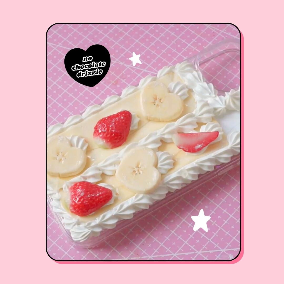 crêpe pancake phone case with heart shaped bananas, strawberries and chocolate drizzle