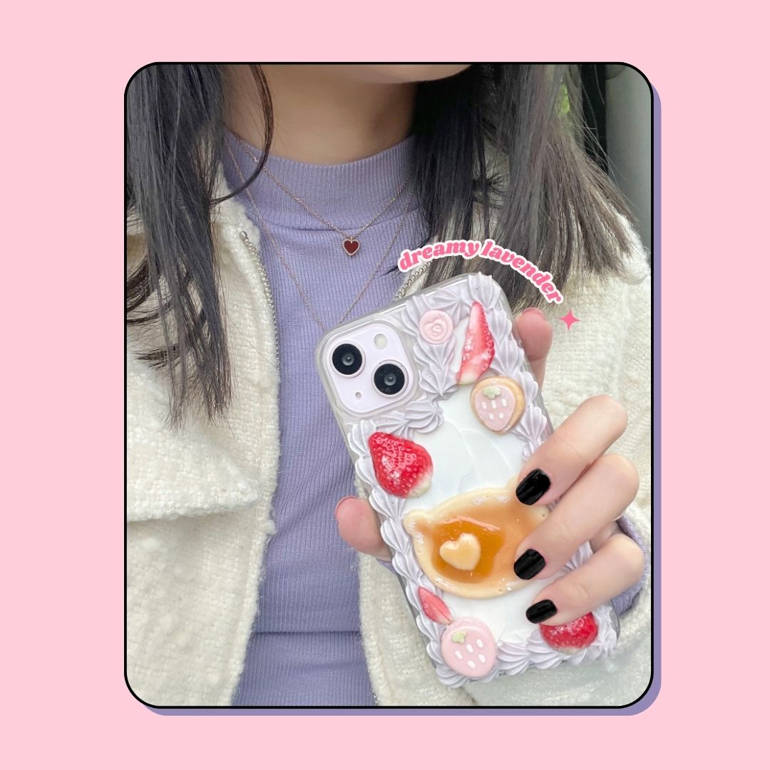 dreamy lavender cream teddy bear pancake + strawberry cookie + macaron decoden phone case