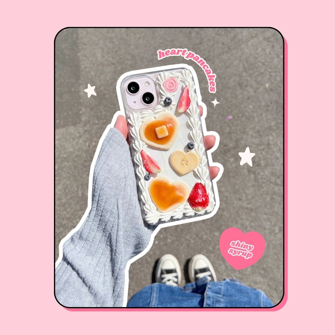 shiny heart pancakes phone case with butter & syrup & strawberries