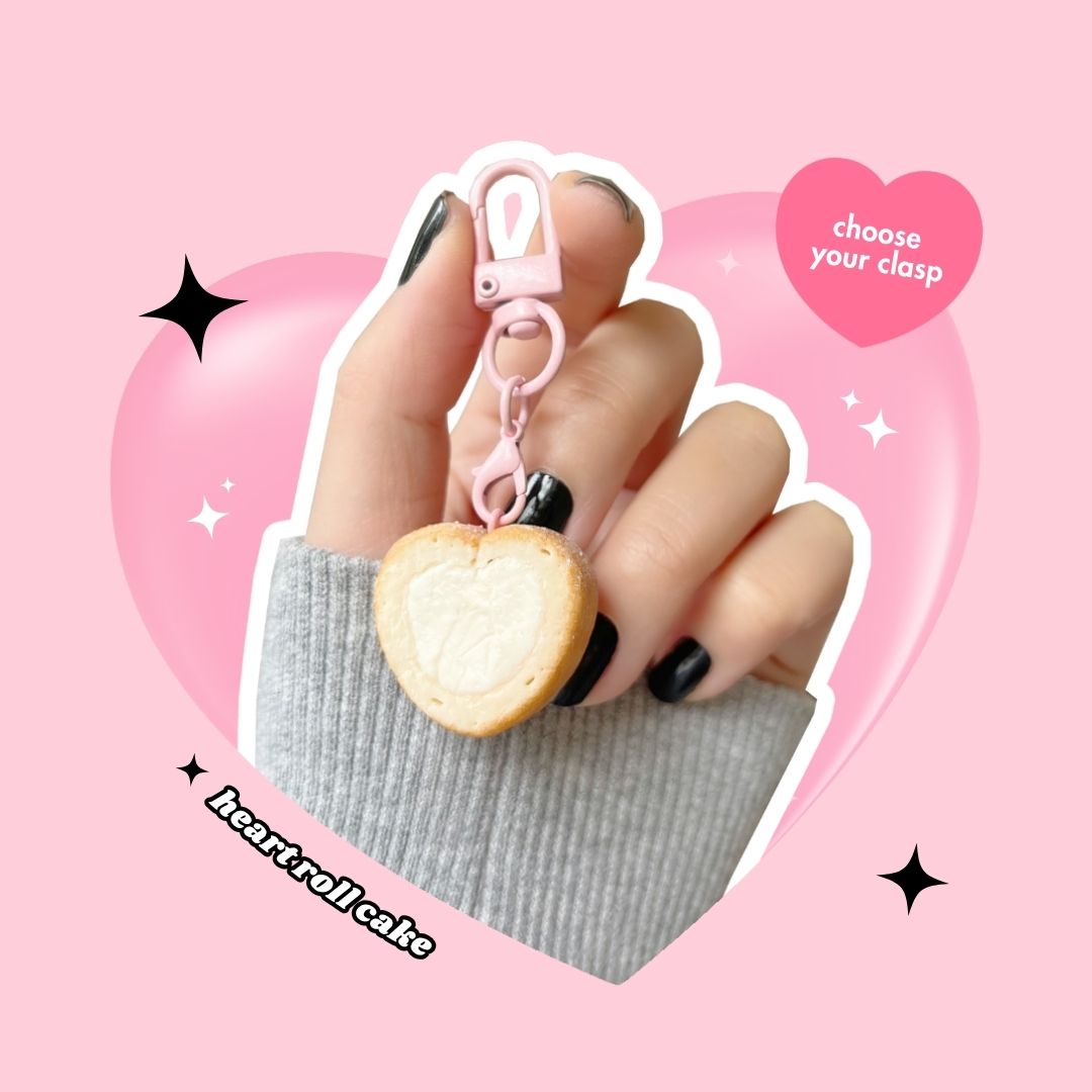 π₯ heart shape whipped cream swiss roll cake keyring with lobster clasp