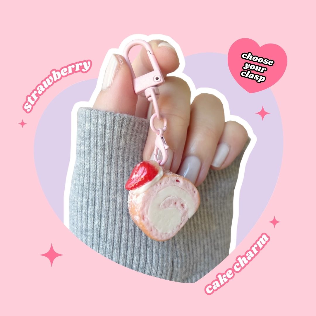 strawberry pink whipped cream Swiss roll cake keyring with lobster clasp