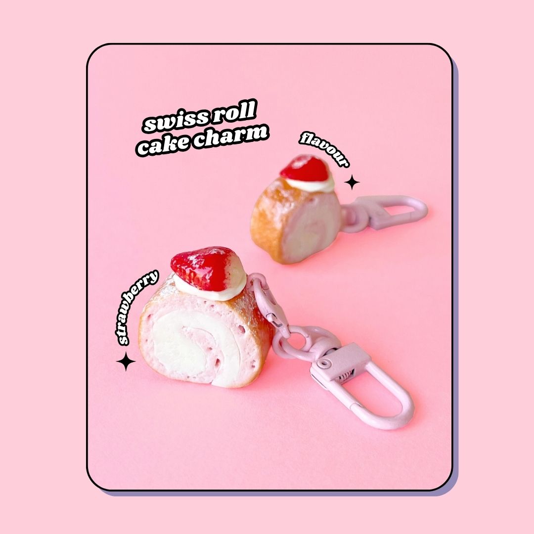 strawberry pink whipped cream Swiss roll cake keyring with lobster clasp