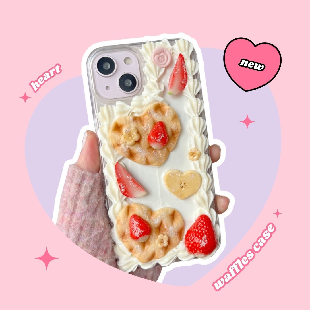 heart shaped waffles decoden phone case with strawberries + flower banana slices