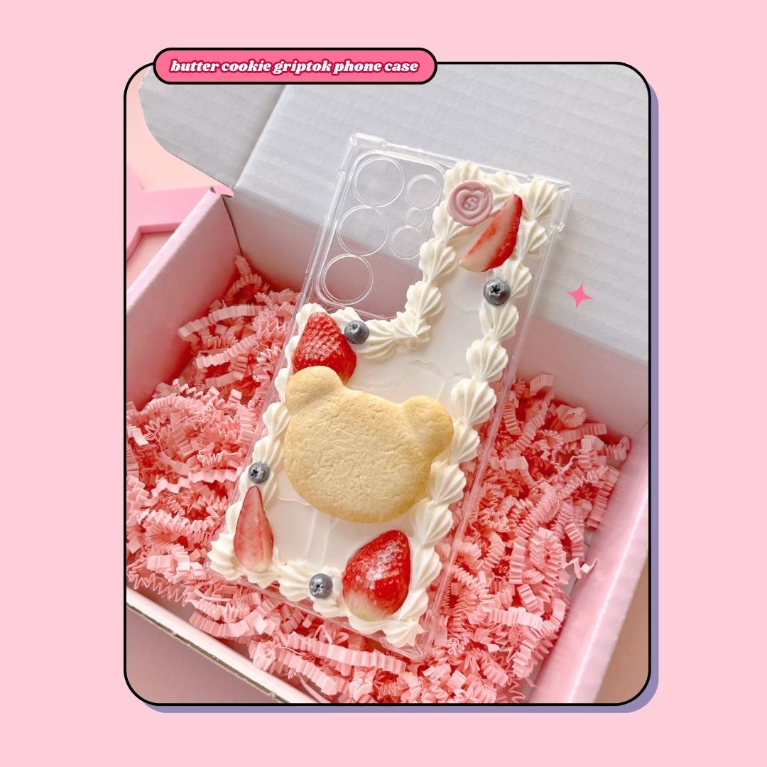 teddy bear heart butter cookie pull out griptok decoden phone case