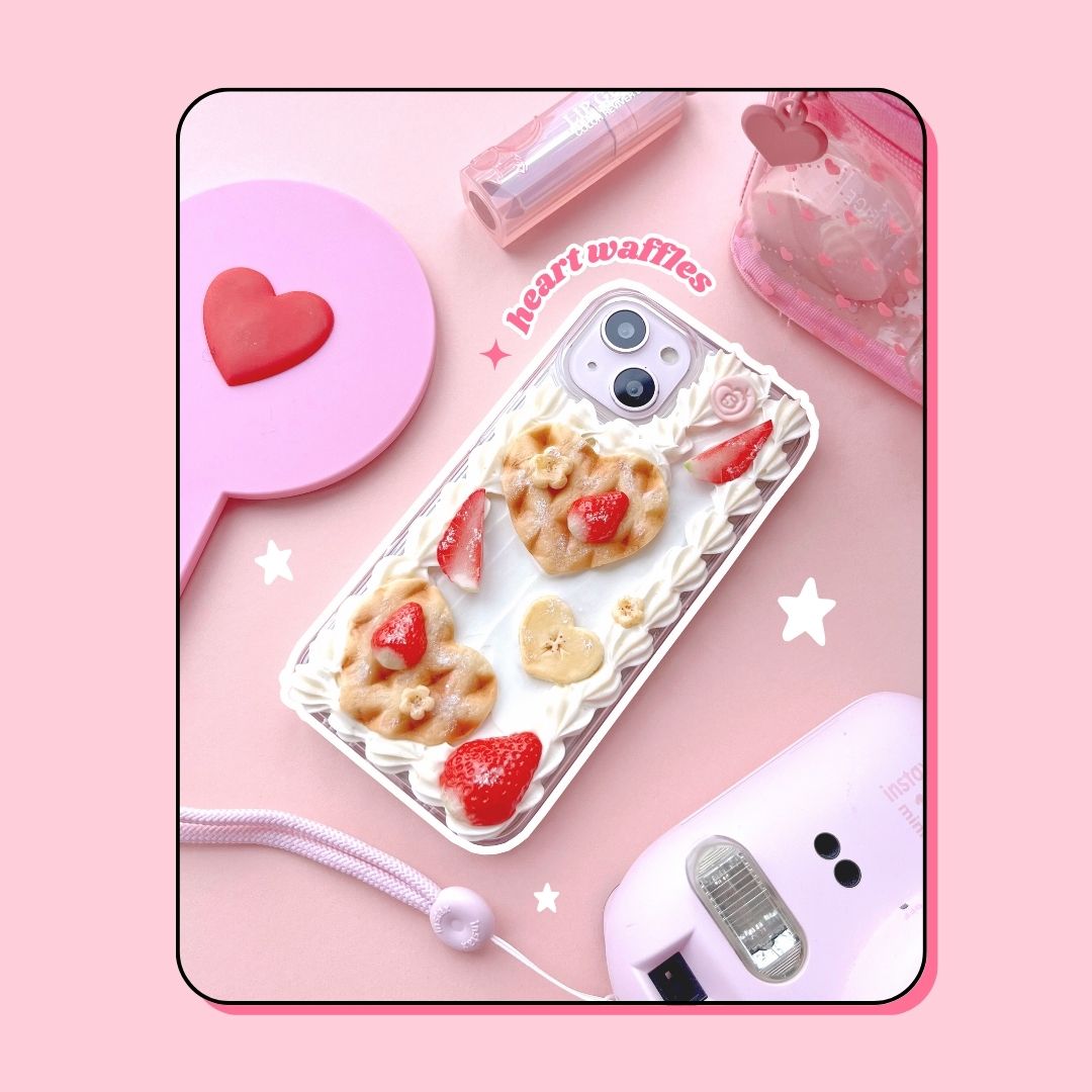 heart shaped waffles decoden phone case with strawberries + flower banana slices