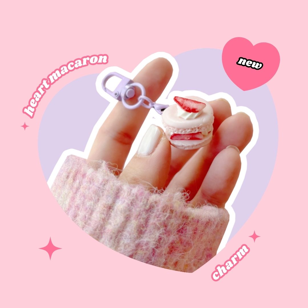 heart shaped pink strawberry and whipped cream macaron keyring with lobster clasp