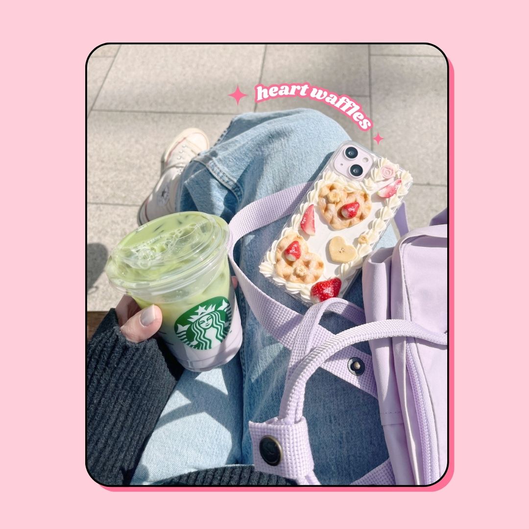 heart shaped waffles decoden phone case with strawberries + flower banana slices