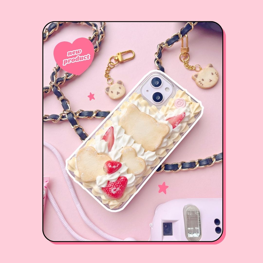 cat & hearts butter cookie decoden phone case with custard cream border