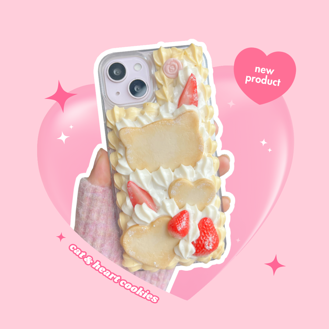 cat & hearts butter cookie decoden phone case with custard cream border