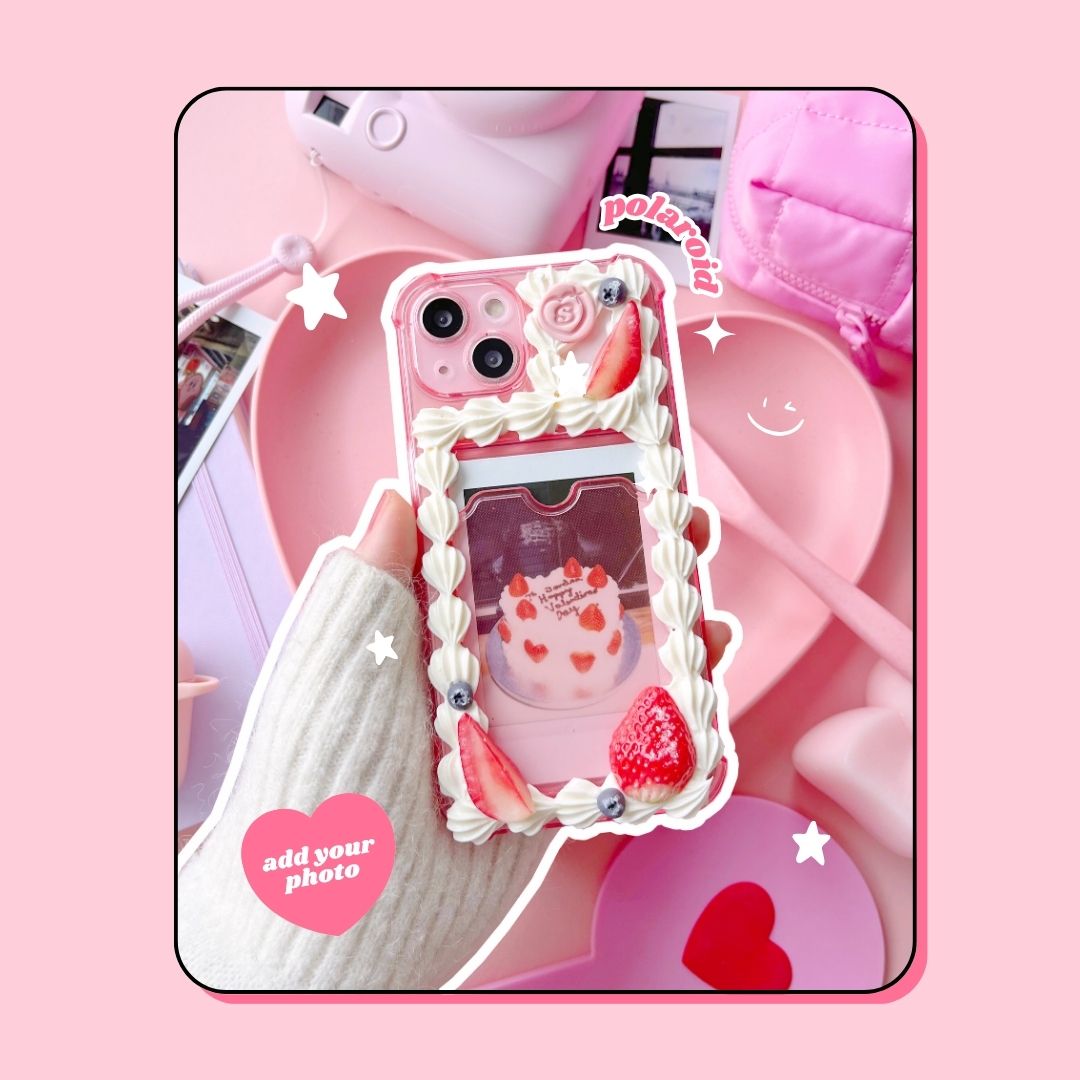 pink instax polaroid photo slot birthday cake decoden phone case with strawberries and blueberries