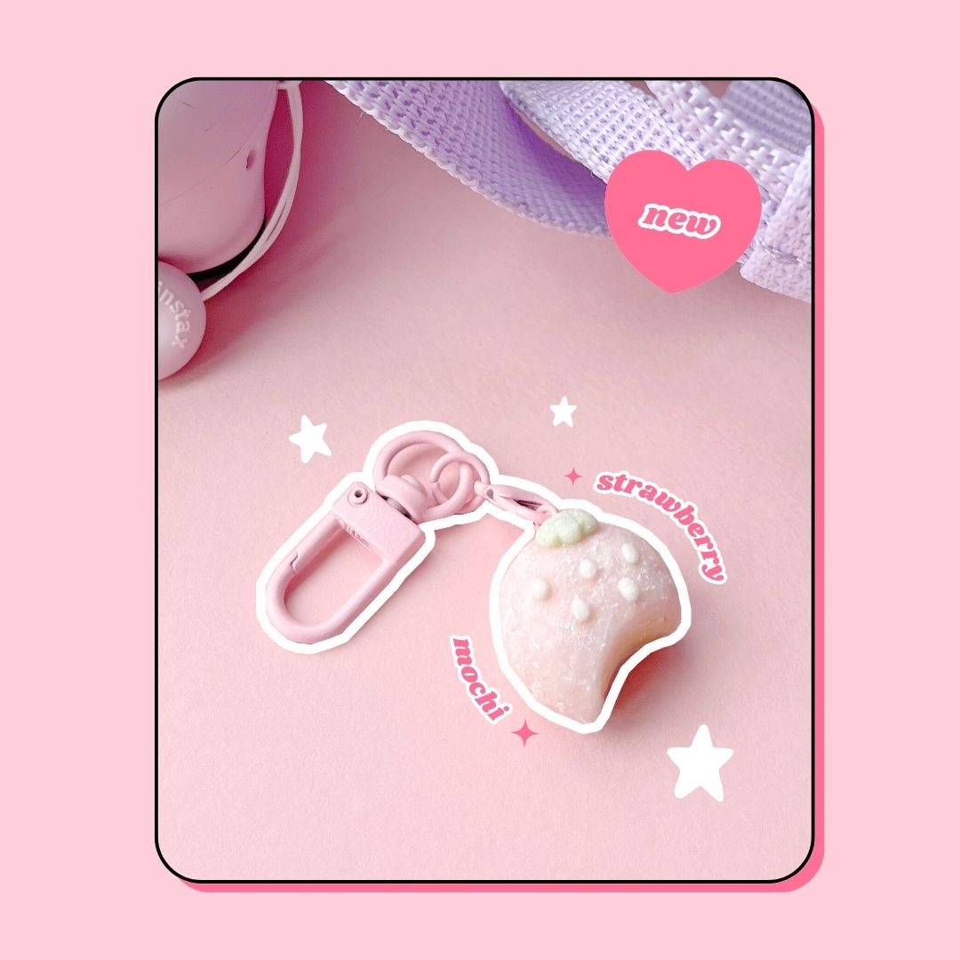 strawberry shaped pink ice cream mochi keyring with lobster clasp