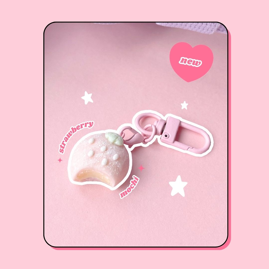 strawberry shaped pink ice cream mochi keyring with lobster clasp