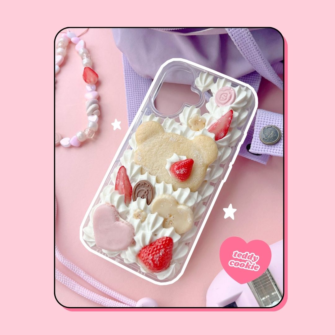 teddy bear cookie decoden phone case with heart shaped macaron and custom letter chocolate