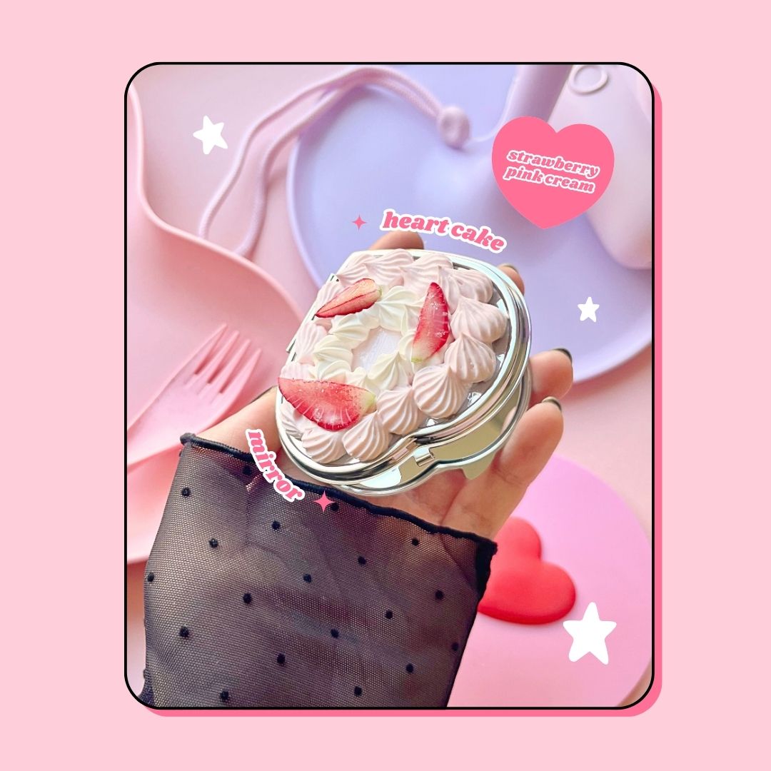 heart shaped strawberry pink cream cake compact hand mirror