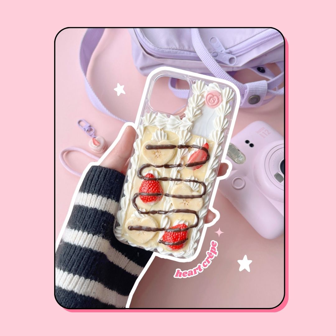 crêpe pancake phone case with heart shaped bananas, strawberries and chocolate drizzle