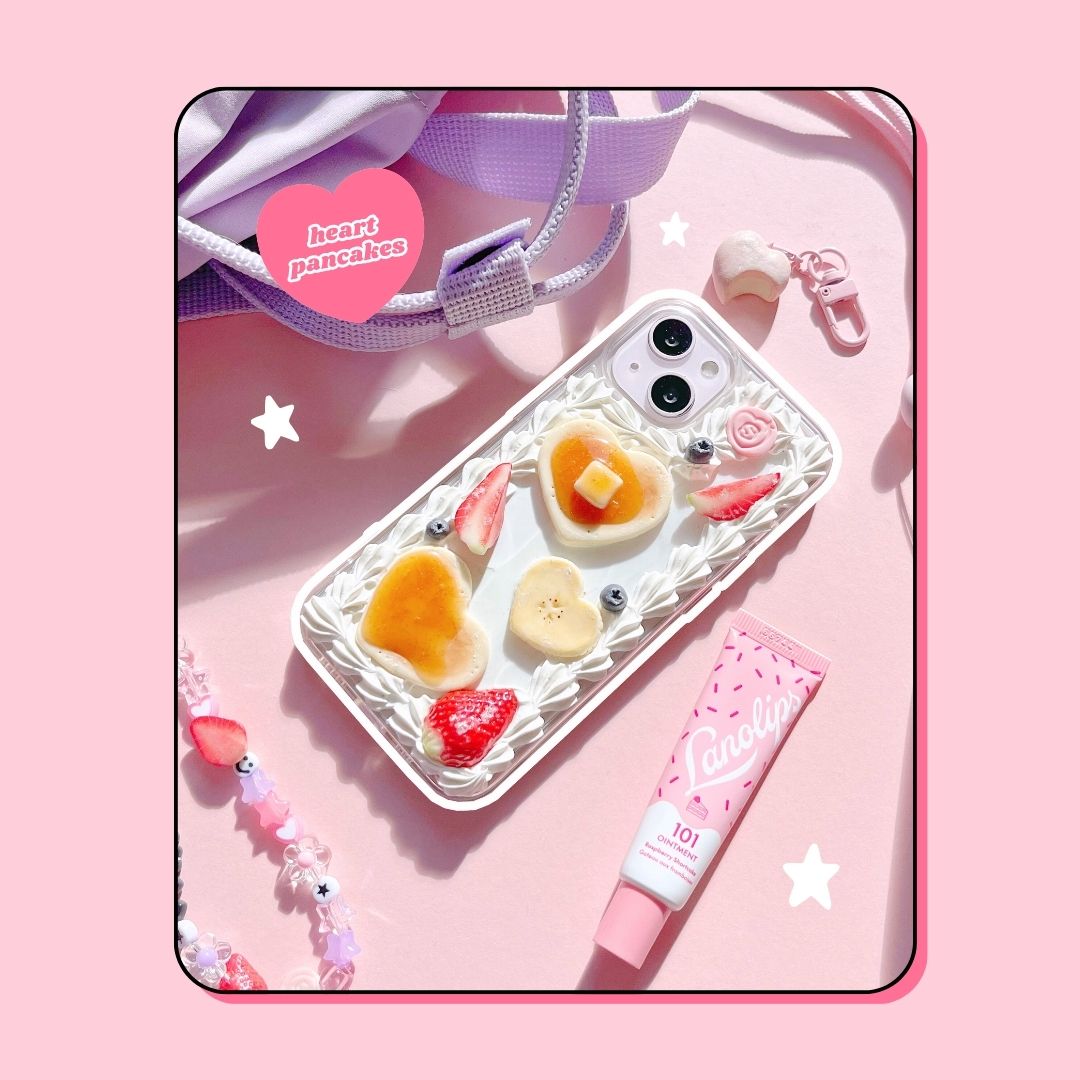 shiny heart pancakes phone case with butter & syrup & strawberries