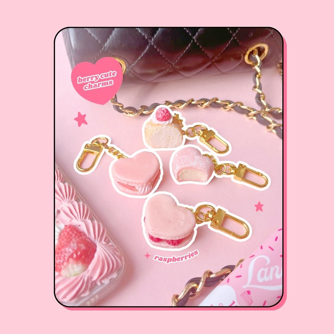 heart shaped pink strawberry macaron with whipped cream keyring handbag charm