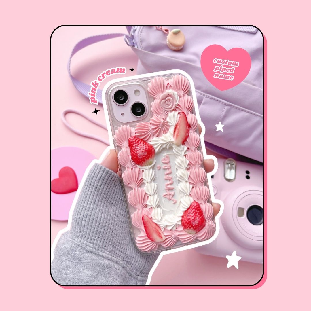 birthday pink aesthetic custom name strawberry cream cake decoden phone case