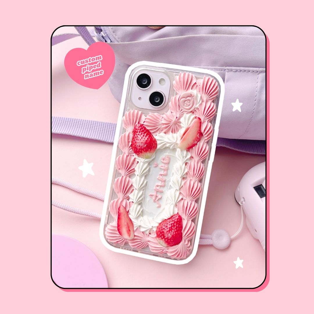birthday pink aesthetic custom name strawberry cream cake decoden phone case