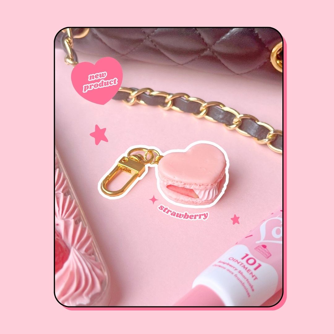 heart shaped pink strawberry macaron with whipped cream keyring handbag charm