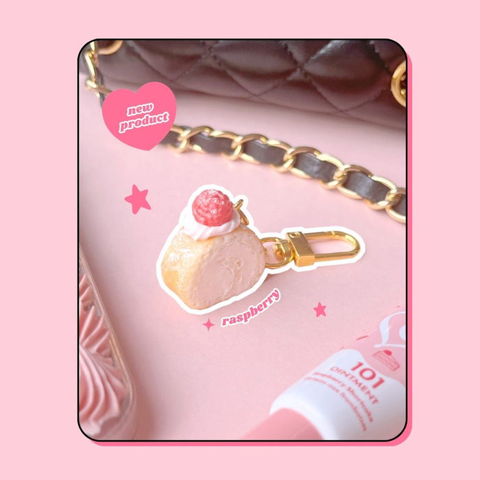 raspberry pink whipped cream Swiss roll cake handbag charm keyring