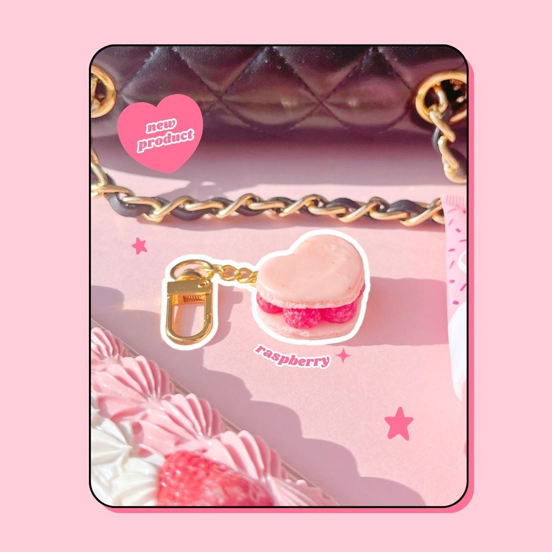 heart shaped pink raspberry macaron keyring handbag charm