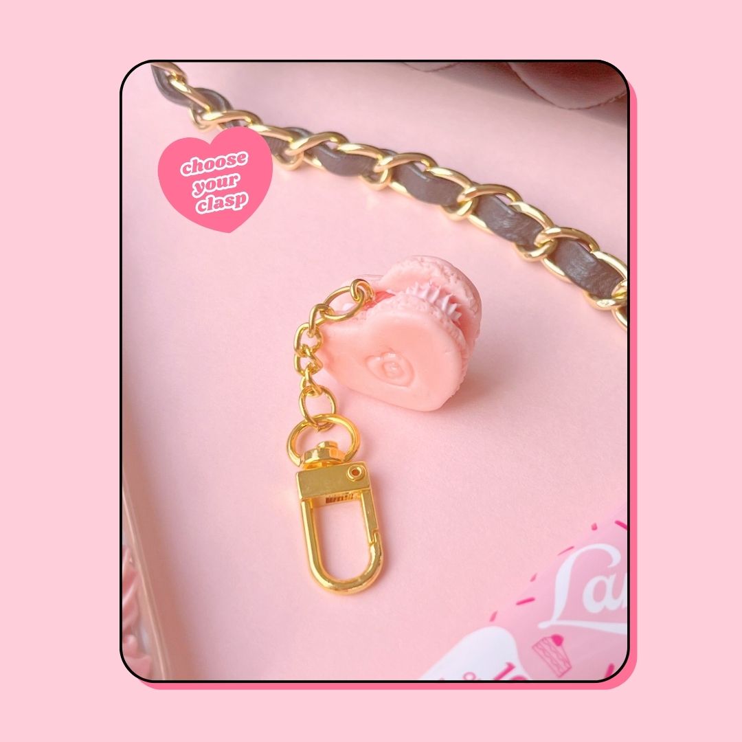 heart shaped pink strawberry macaron with whipped cream keyring handbag charm