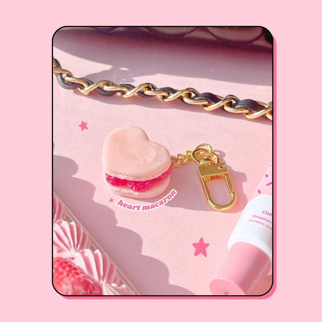 heart shaped pink raspberry macaron keyring handbag charm