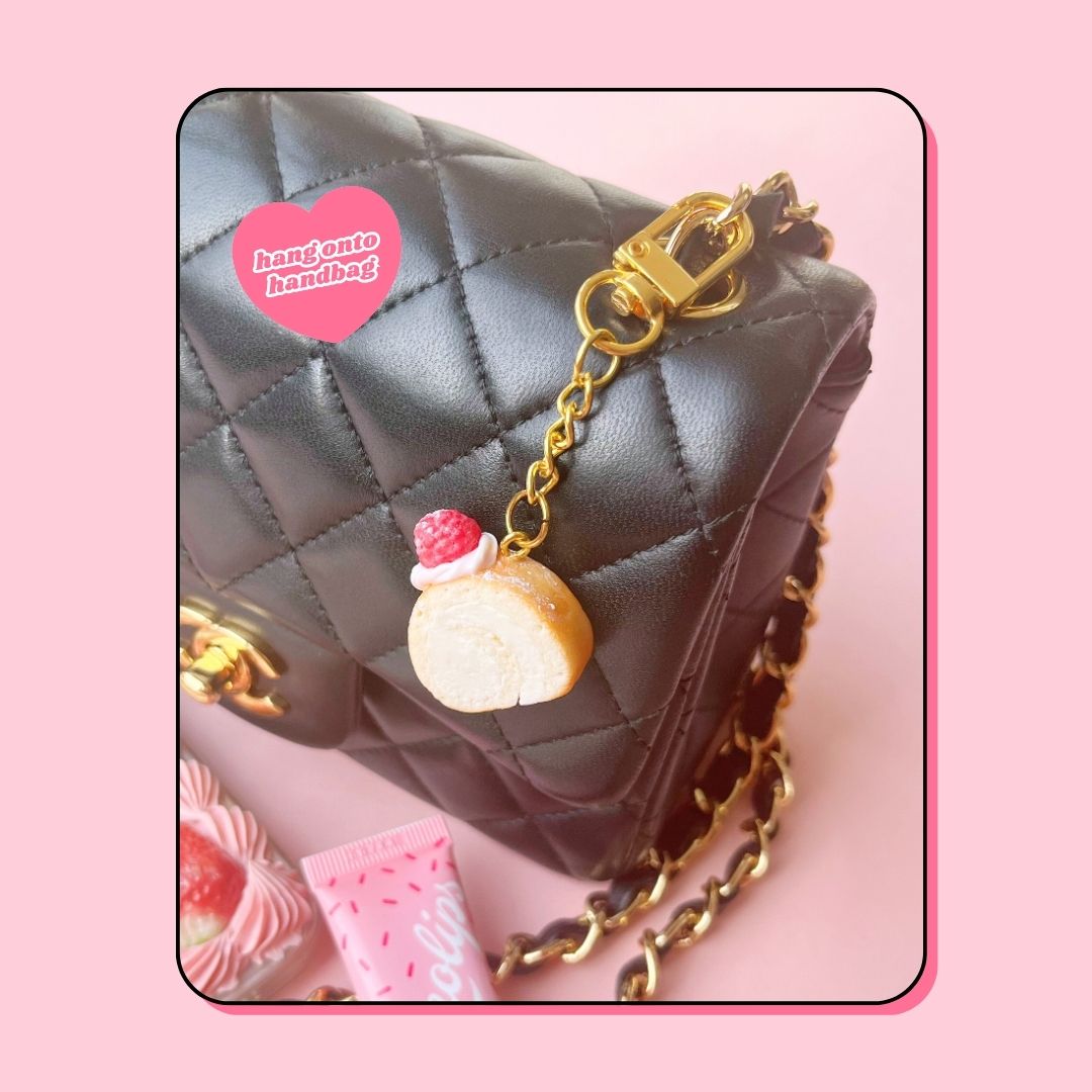 raspberry pink whipped cream Swiss roll cake handbag charm keyring