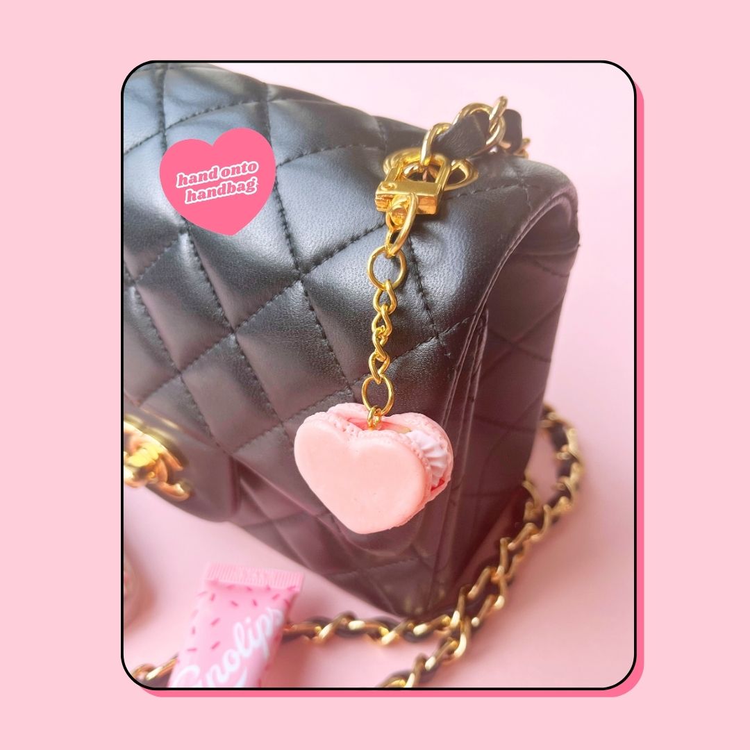 heart shaped pink strawberry macaron with whipped cream keyring handbag charm