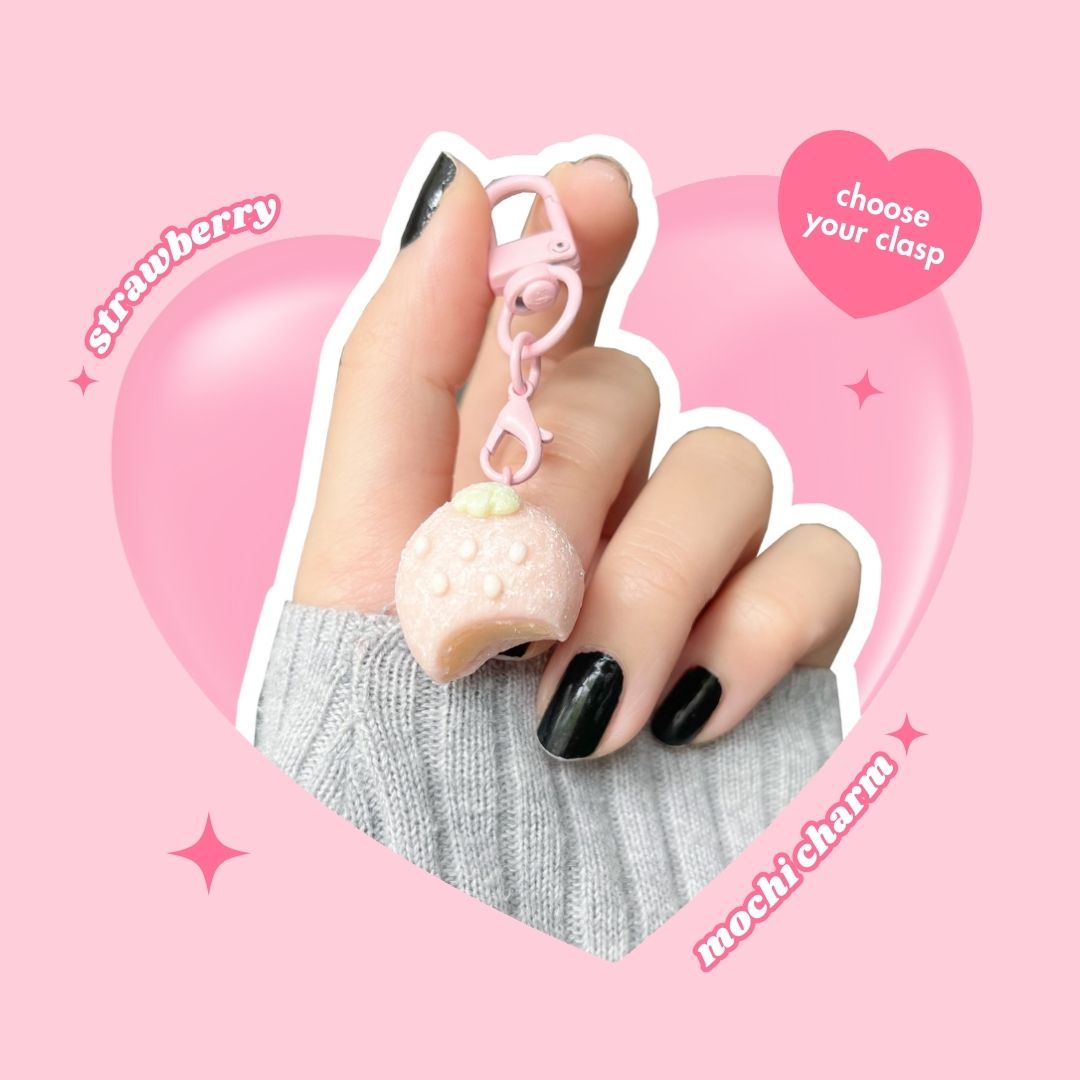strawberry shaped pink ice cream mochi keyring with lobster clasp